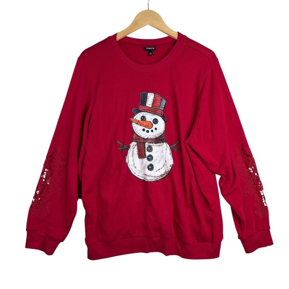 Torrid Womens Snowman Graphic Crew Neck Sweater Size 1X Red Christmas Crochet